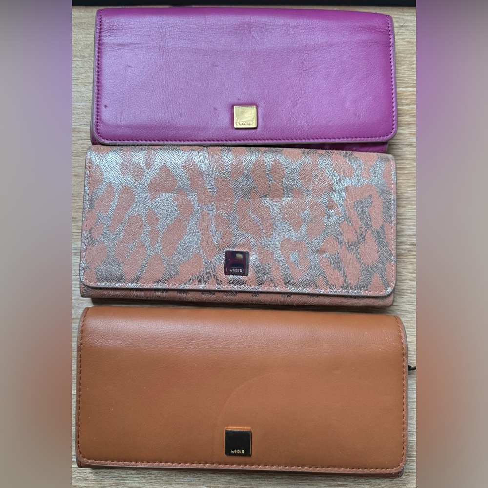 Lodis Women's orchid , Silver/pink leopard, and tan leather Wallet Trio
